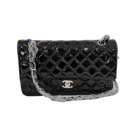 Chanel Classic Flap Medium Black Patent Leather Silver HW