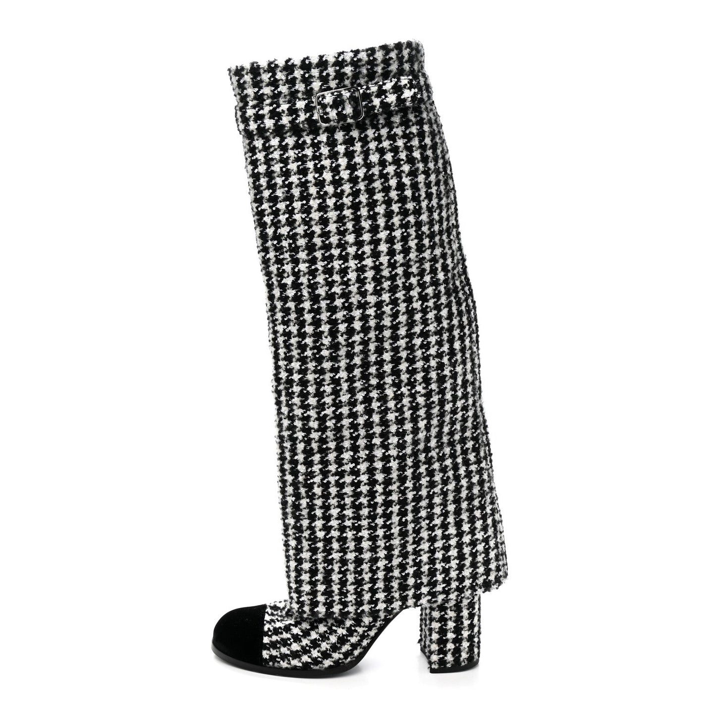 Tweed Sequin Velvet Cap Toe Fold Over High Boots 38.5 White Black