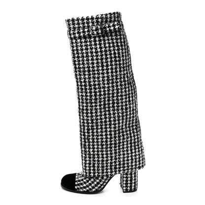 Tweed Sequin Velvet Cap Toe Fold Over High Boots 38.5 White Black