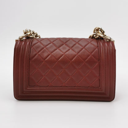 Chanel Le Boy Small Burgundy Lambskin Leather Antiqued Gold Hardware