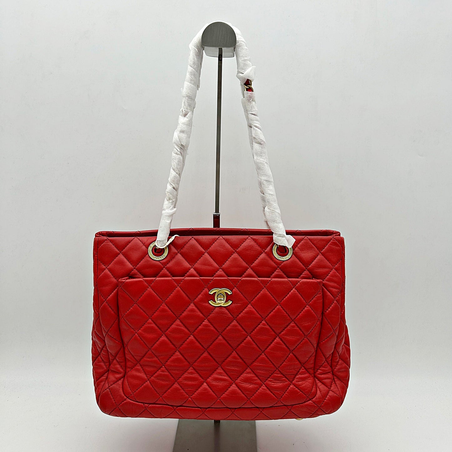 Chanel Red Quilted Lambskin Leather Shopping Tote Bag CN