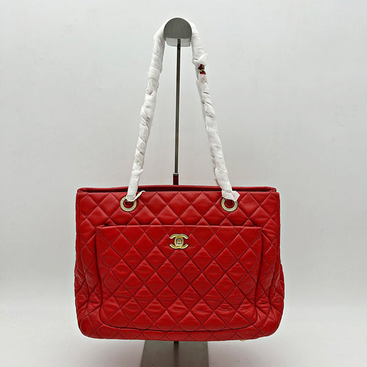 Chanel Red Quilted Lambskin Leather Shopping Tote Bag CN