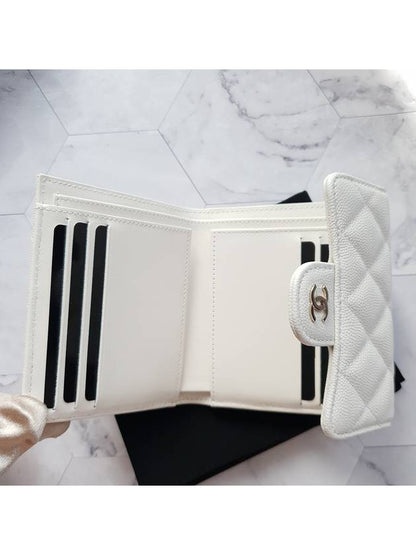 CC Logo Flap Leather Half Wallet White Chanel