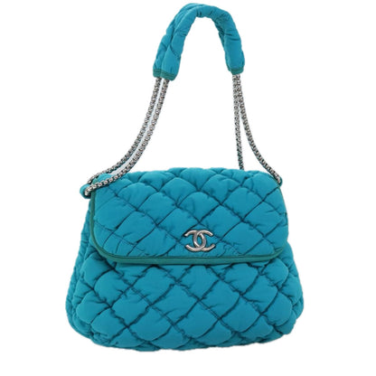 Chanel Chain Shoulder Bag Nylon Blue CC Auth A