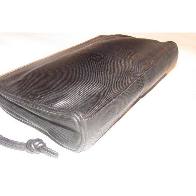 Fendi Early Sas Style Purse Black Leather With A Linear Design And Camel Trim Clutch
