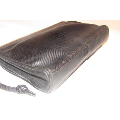 Fendi Early Sas Style Purse Black Leather With A Linear Design And Camel Trim Clutch