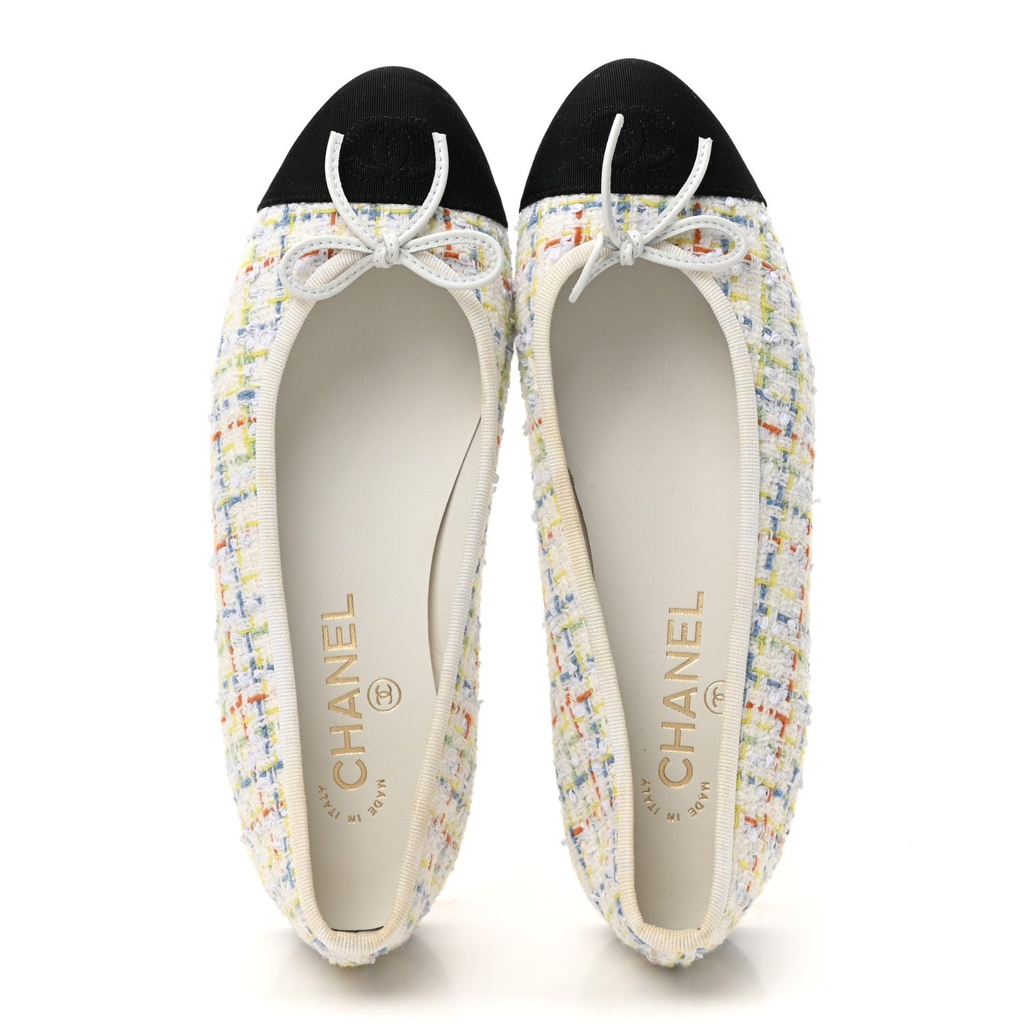 Tweed Grosgrain Cap Toe Ballerina Flats 37.5 White Multicolor