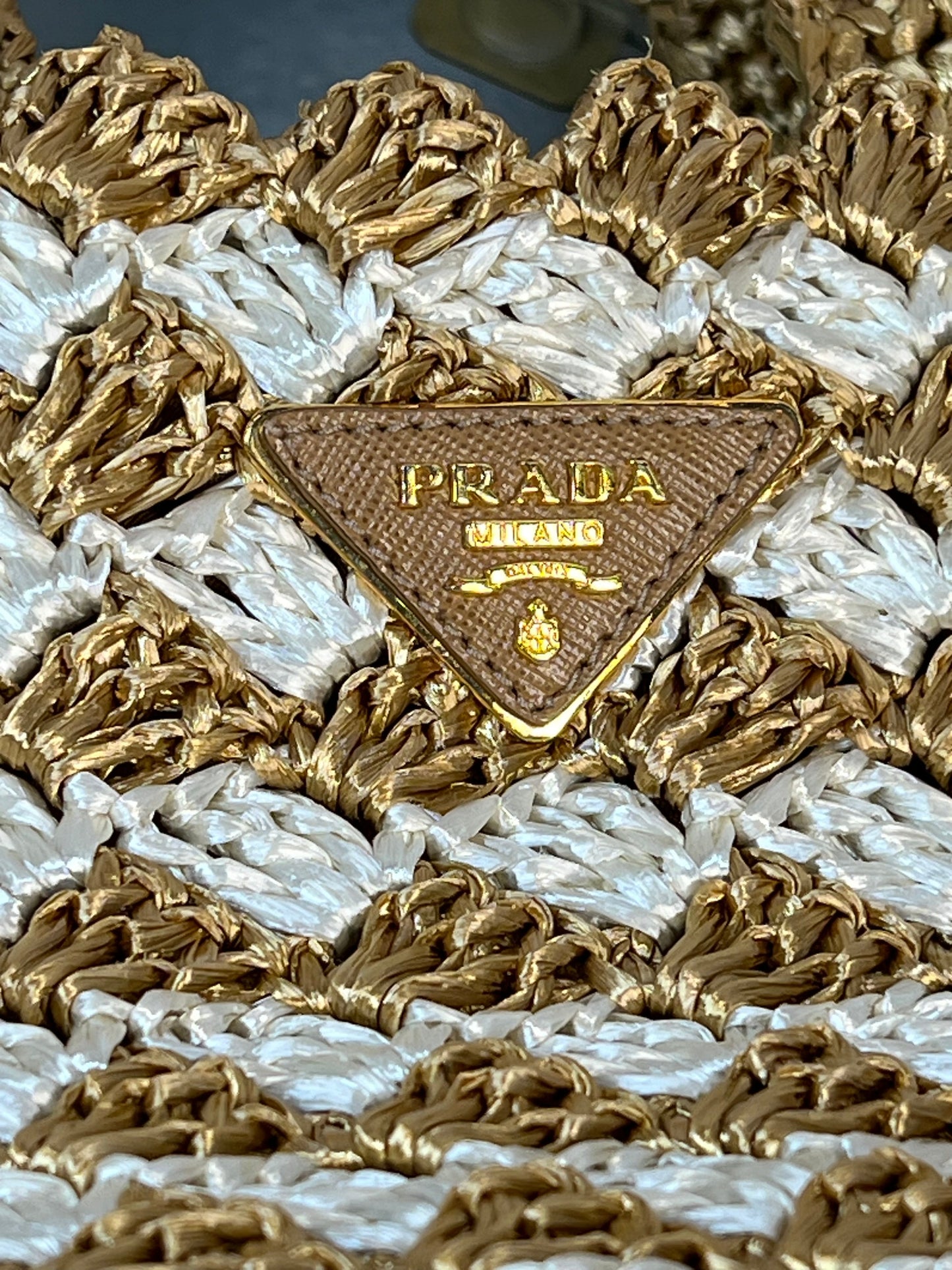 Prada Canapa Woven Crochet Tan Raffia Tote Bags