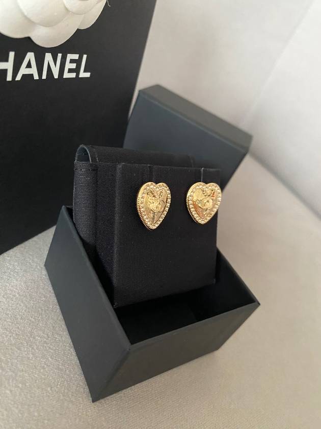 CC Logo Heart Stud Earrings Gold Chanel
