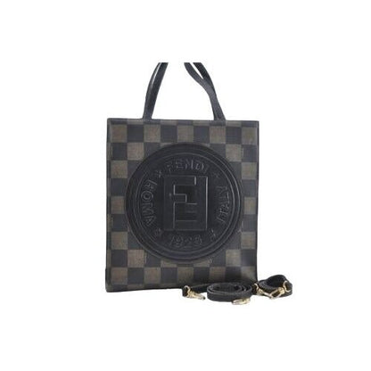 Fendi, Roma 1925, checkerboard print in shades of brown coated canvas & brown leather, cross body, tote, or back pack