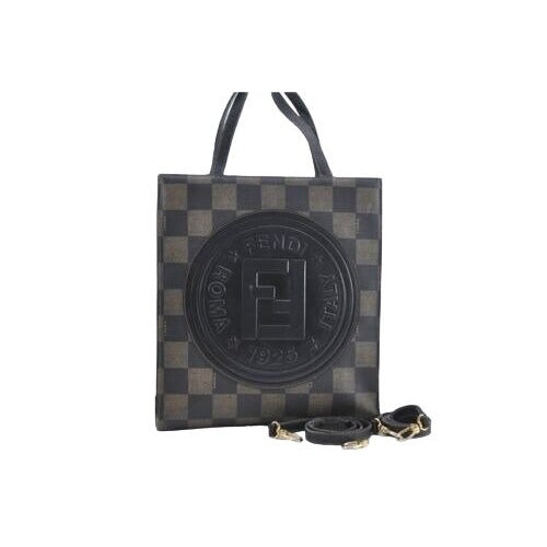 Fendi, Roma 1925, checkerboard print in shades of brown coated canvas & brown leather, cross body, tote, or back pack