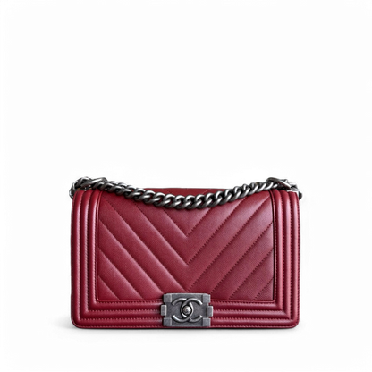 Chanel Boy Medium - Caviar 25CM Chevron Dark Red Burgundy Ruthenium Silver Hardware Series 24