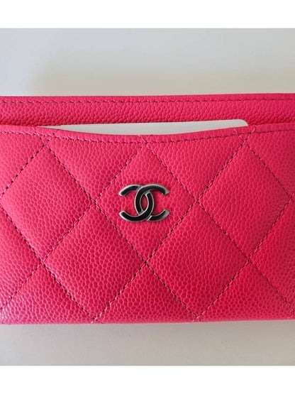 Silver CC Logo Caviar Card Wallet Fuchsia Chanel