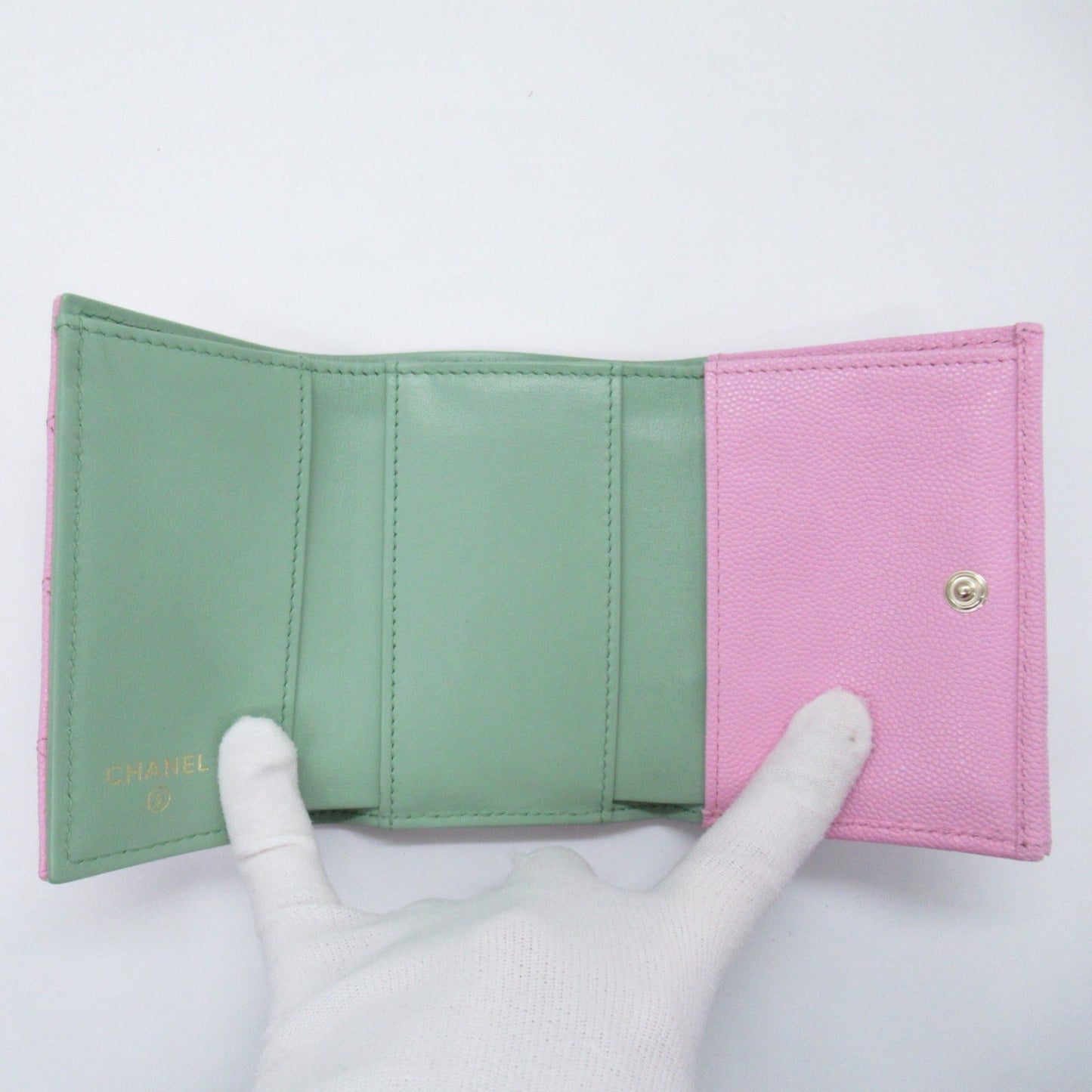 Chanel Three Fold Wallet Three Folded Wallet Caviar S (Green )  Black