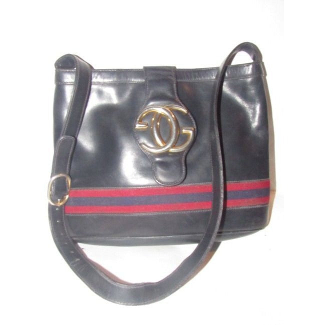RARE, vintage Gucci, black leather, satchel style, bucket bag with blue and red stripe