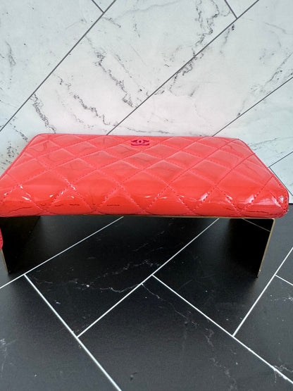 Chanel Coral Red Quilted Patent Leather Zippy Wallet