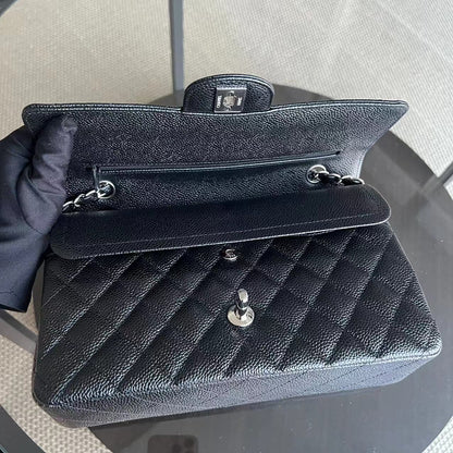 *Un* Medium Double Flap 25CM Quilted Grained Calfskin Black Silver Hardware Series 23