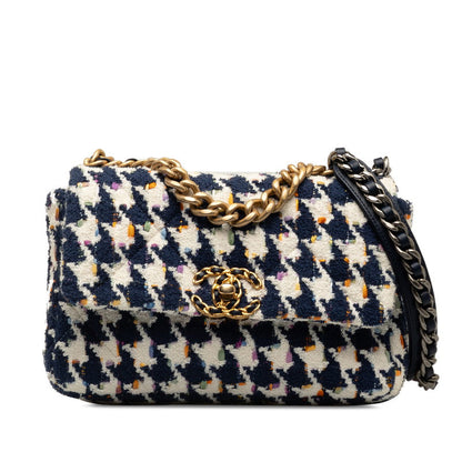 Chanel 19 Chain Shoulder Bag White Navy Multicolor Tweed Leather  Chanel