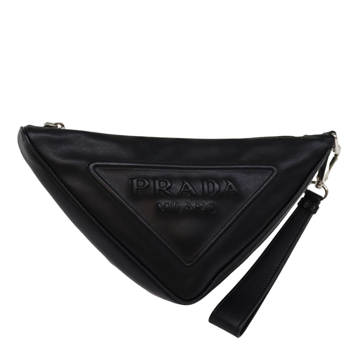 PRADA Triangle Clutch Bag Leather Black Auth 76762A