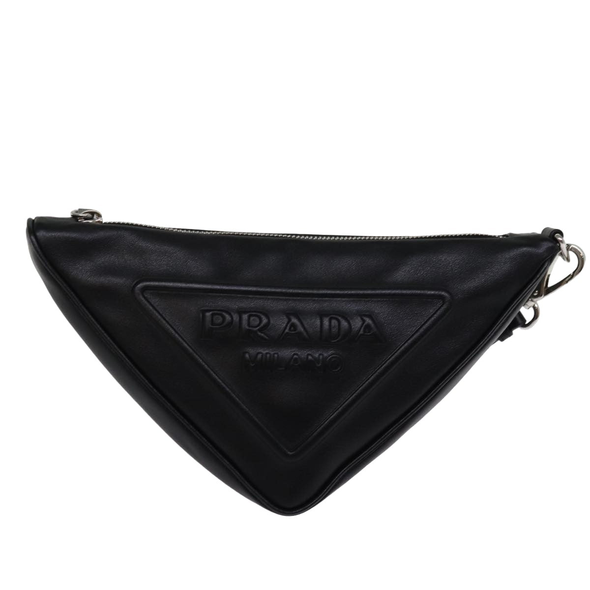 PRADA Triangle Clutch Bag Leather Black Auth 76762A