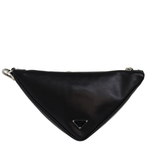 PRADA Triangle Clutch Bag Leather Black Auth 76762A