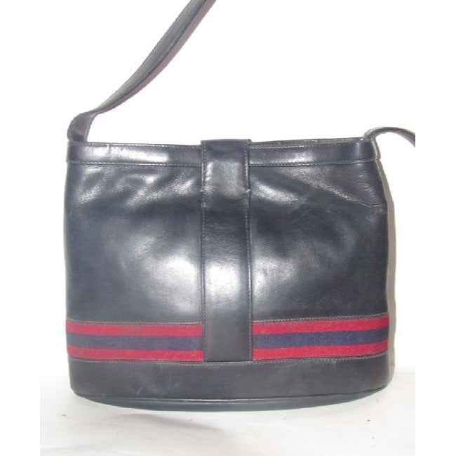RARE, vintage Gucci, black leather, satchel style, bucket bag with blue and red stripe