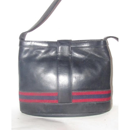 RARE, vintage Gucci, black leather, satchel style, bucket bag with blue and red stripe
