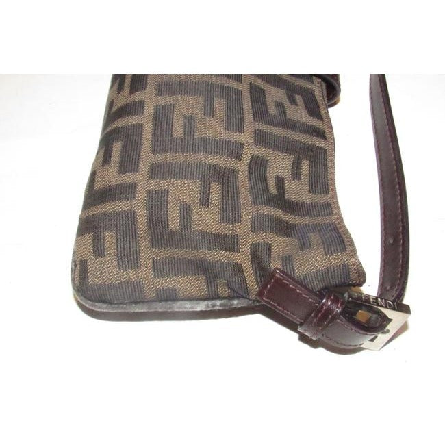 Fendi Zucco Print In Brown Canvas & Leather Baguette Style Shoulder/Cross Body Bag