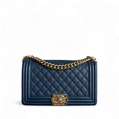Chanel Boy Medium - Caviar 25CM Quilted Grained Calfskin Blue Gold Hardware Series 23