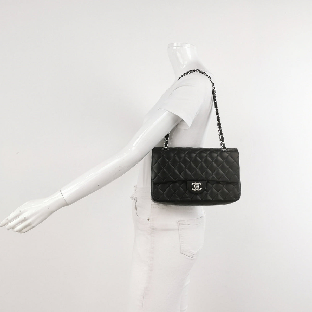 Chanel Timeless Classic Flap Medium Black Lambskin Leather Silver Hardware, 2006-08