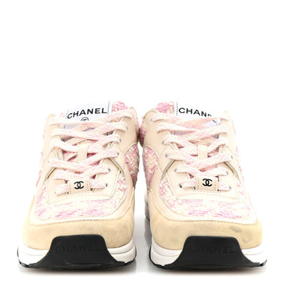 Tweed Suede Calfskin Womens CC Sneakers 35 Pink Ecru