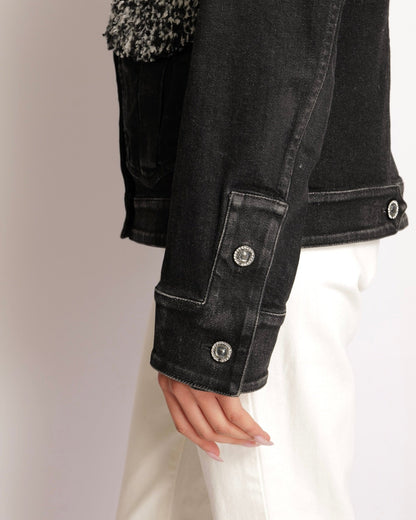 Chanel 16/A Black Denim Jacket with Black and White Shearling Pocket and Collar Details with Crystal Embellished CC Logo Buttons Size FR 38 (UK 10)