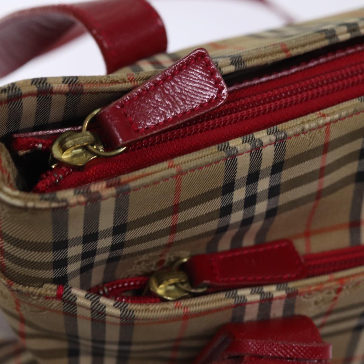 BURBERRYSs Nova Check Shoulder Bag Canvas Leather Beige Red Auth 77378