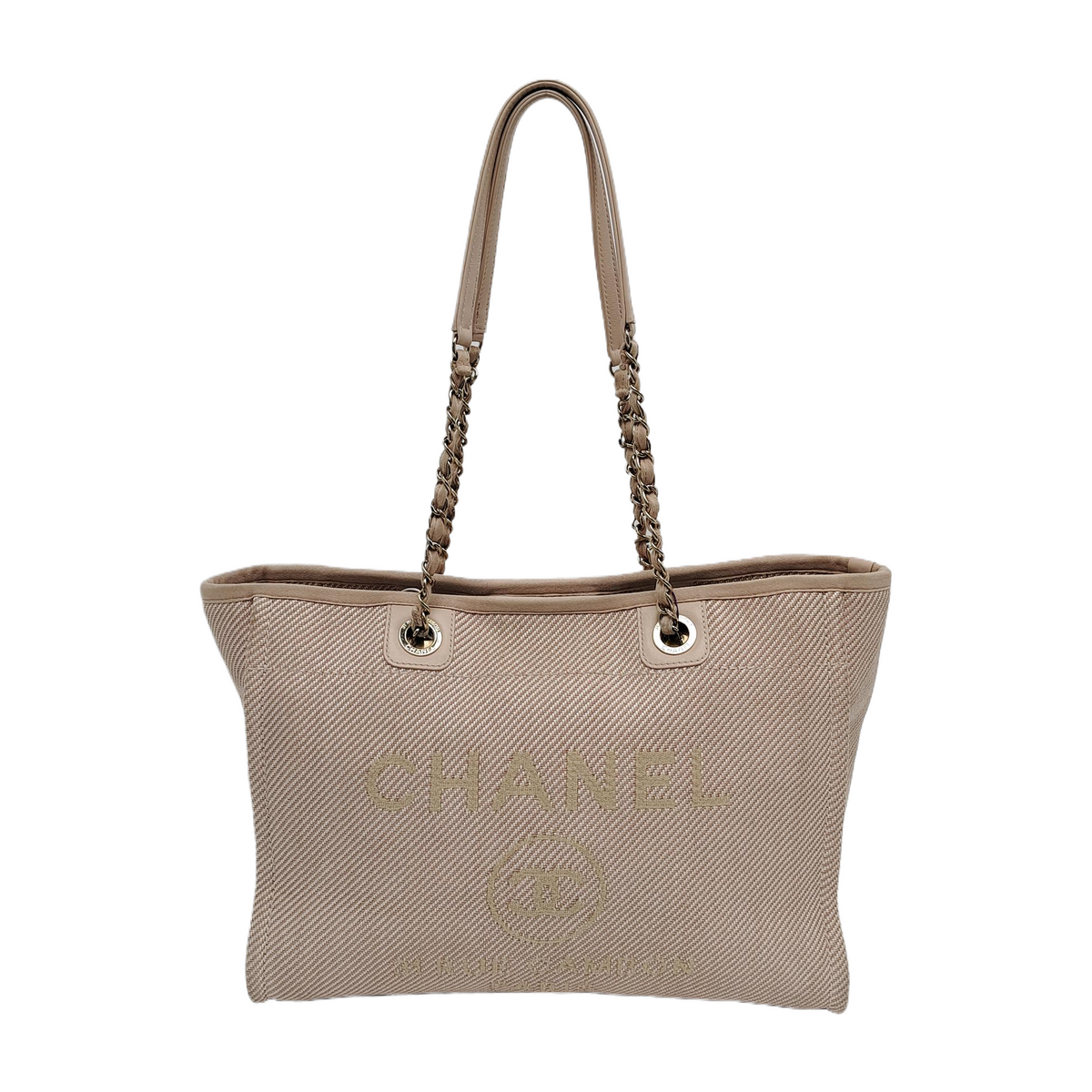 Chanel Deauville Tote Light Pink Cloth Leather Chain Strap Small 34cm