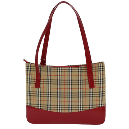 BURBERRY Nova Check Tote Bag Canvas Leather Beige Red Auth 77506