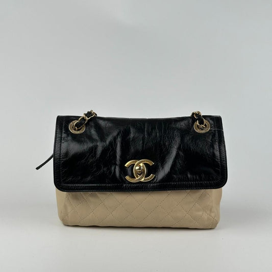 Chanel Medium Flap Bag Black Beige Cream Leather MR