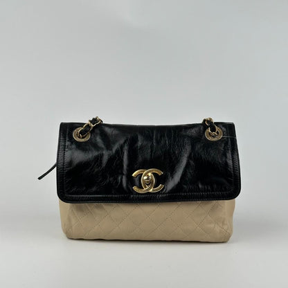 Chanel Medium Flap Bag Black Beige Cream Leather MR