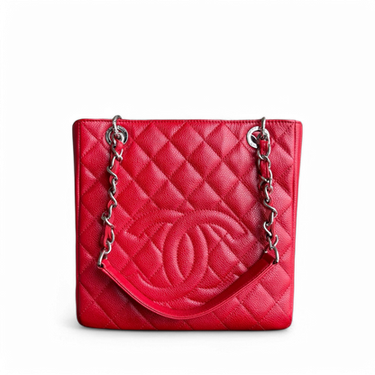 Chanel PST Petite Shopping Tote - Caviar Quilted Red Silver Hardware Series 18