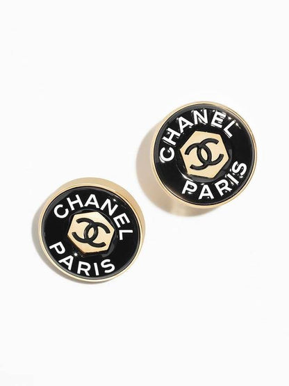 Logo Button Stud Earrings Gold Black Chanel