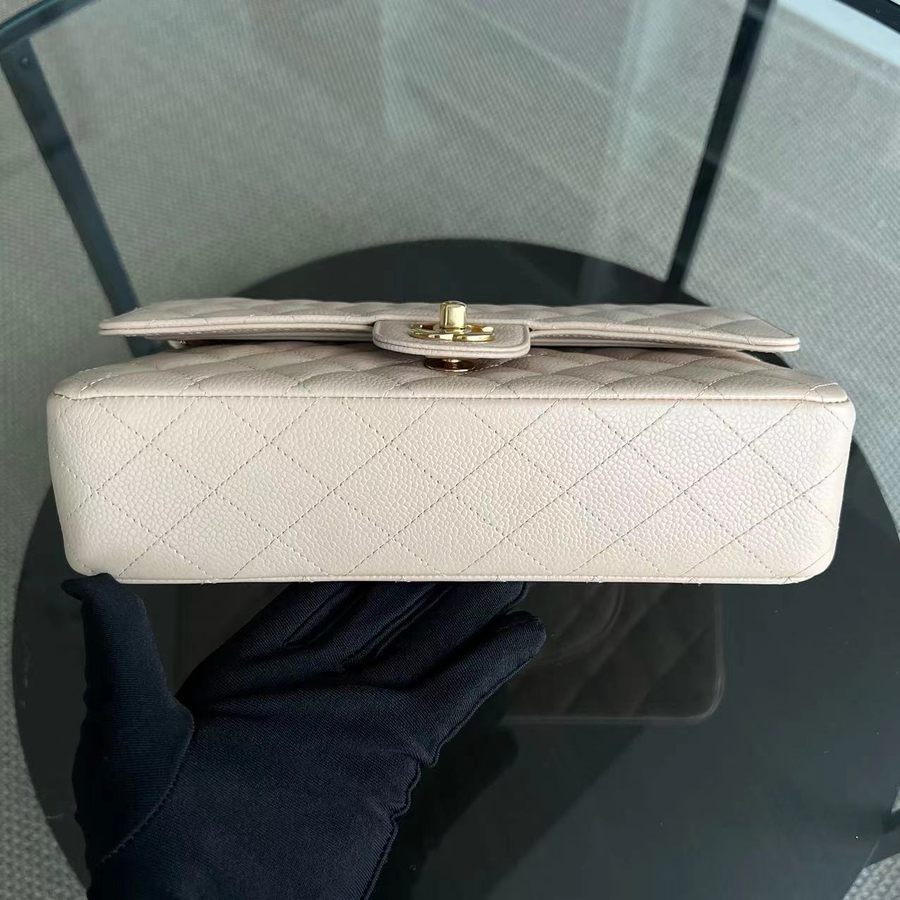Caviar Double Flap Quilted Grained Calfskin Beige Golden Hardware Series 15