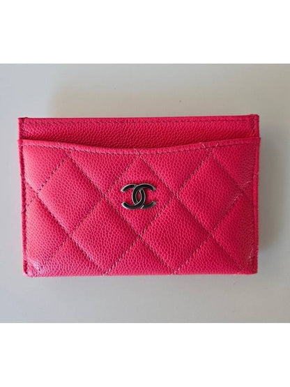 Silver CC Logo Caviar Card Wallet Fuchsia Chanel