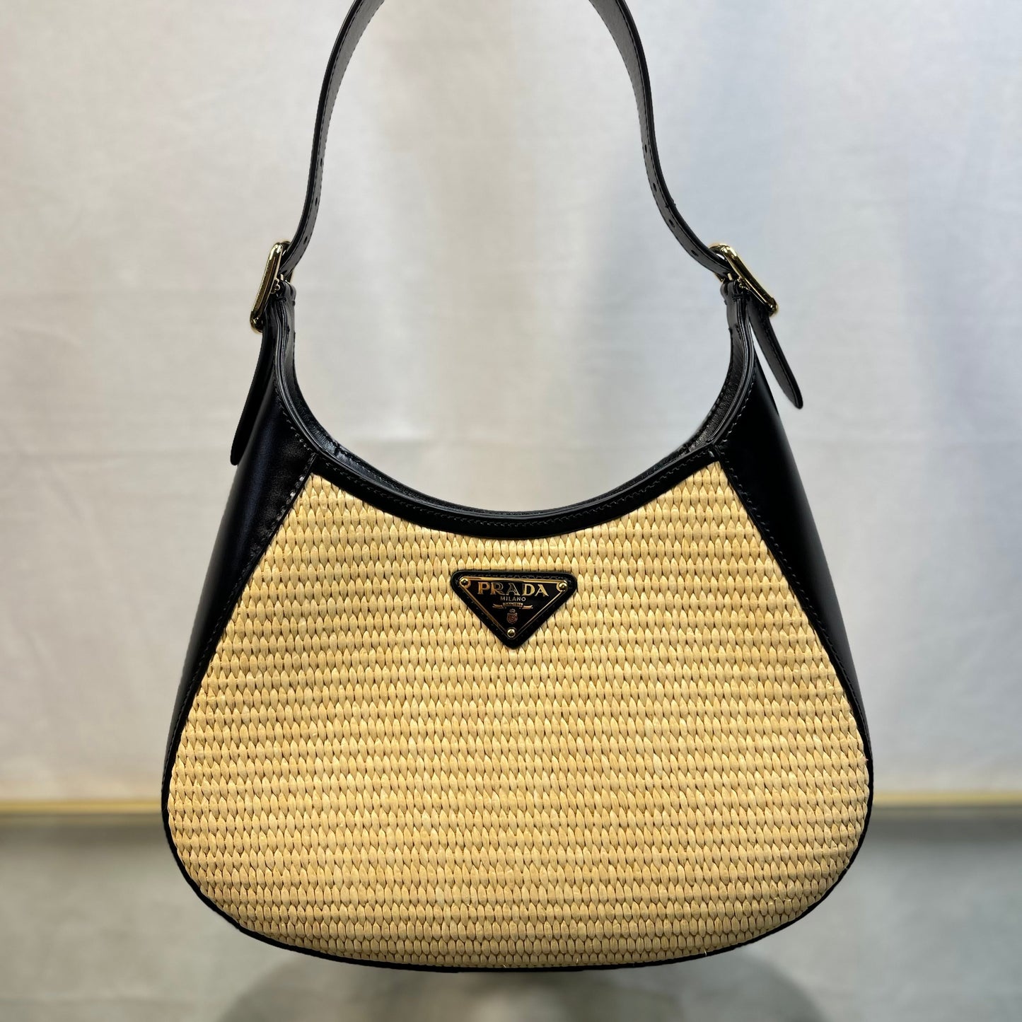 Prada Beige Natural Raffia Woven Black Calfskin Leather Shoulder Bags