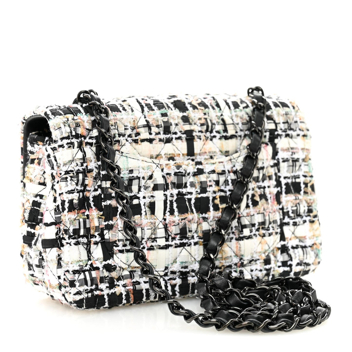 Tweed Quilted Mini Rectangular Flap White Black Multicolor