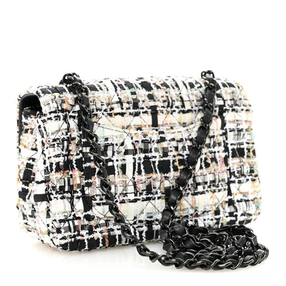 Tweed Quilted Mini Rectangular Flap White Black Multicolor