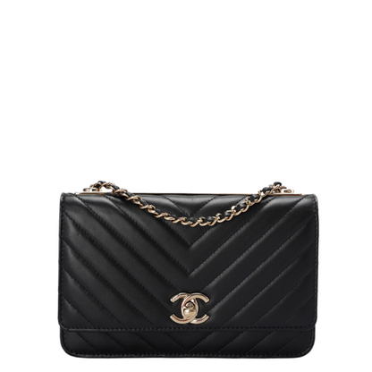 Chanel Lambskin Chevron Quilted Trendy CC Wallet On Chain Woc In Black