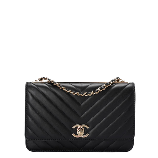 Chanel Lambskin Chevron Quilted Trendy CC Wallet On Chain Woc In Black
