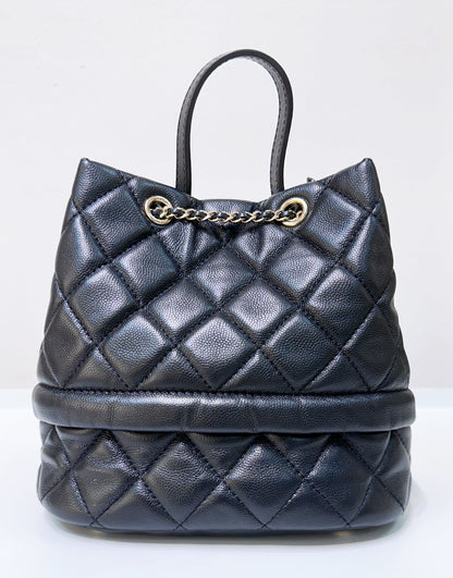 CHANEL Caviar Quilted Rolled Up Bucket Drawstring Bag Black