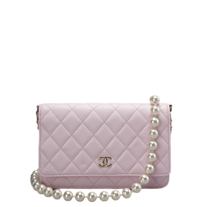 Chanel Pink Quilted Lambskin Pearl Wallet on Chain With Gold Hardware