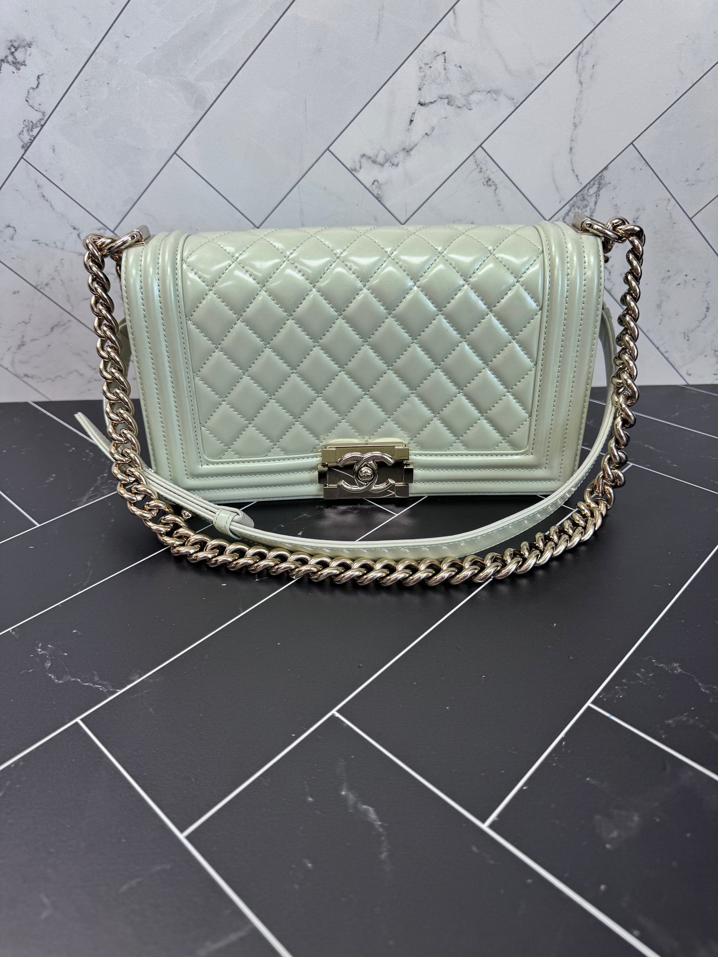Chanel Mint Patent Leather Medium Boy Bag