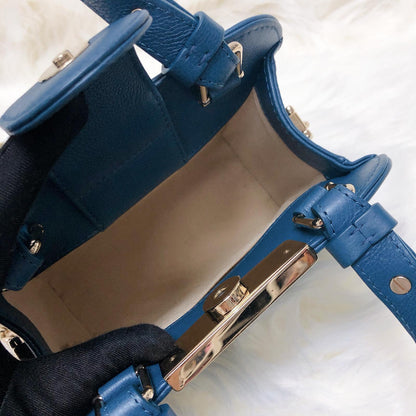 Grained Calfskin Stitched Mini Label Click Shopper Tote in Blue
